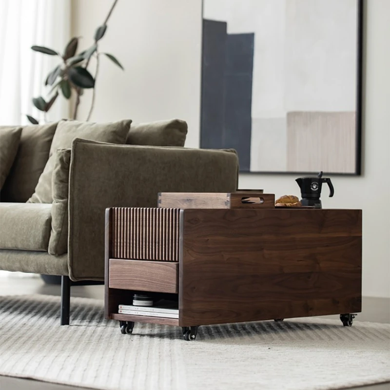 

GZ Solid Wood Sofa Side Table Black Walnut Cabinet Tea with Wheels Corner