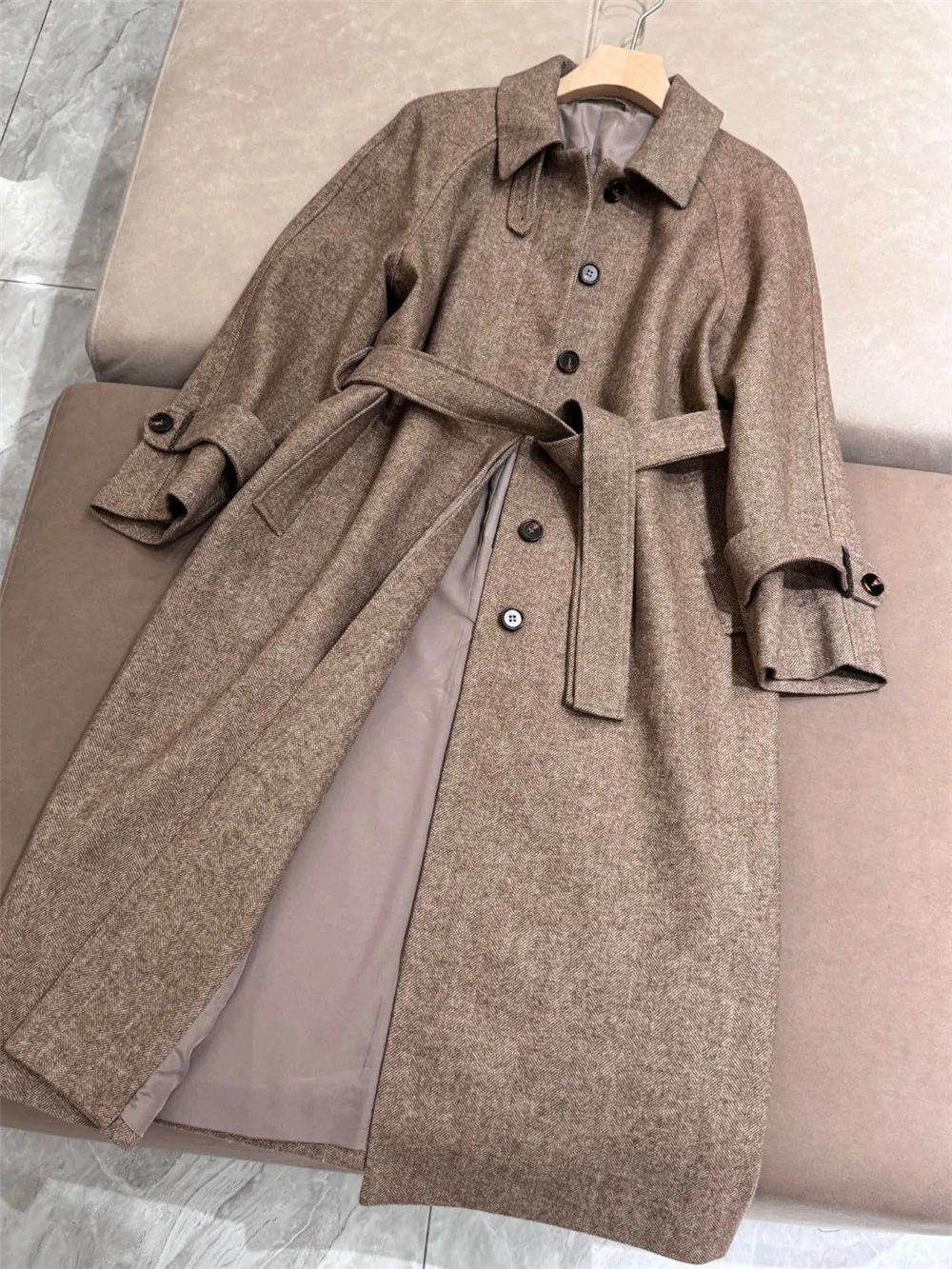 High Quality Women's Herringbone Double-faced Wool Coat Winter Stand-up Collar Slim Belt Mid-length Windbreaker Jacket