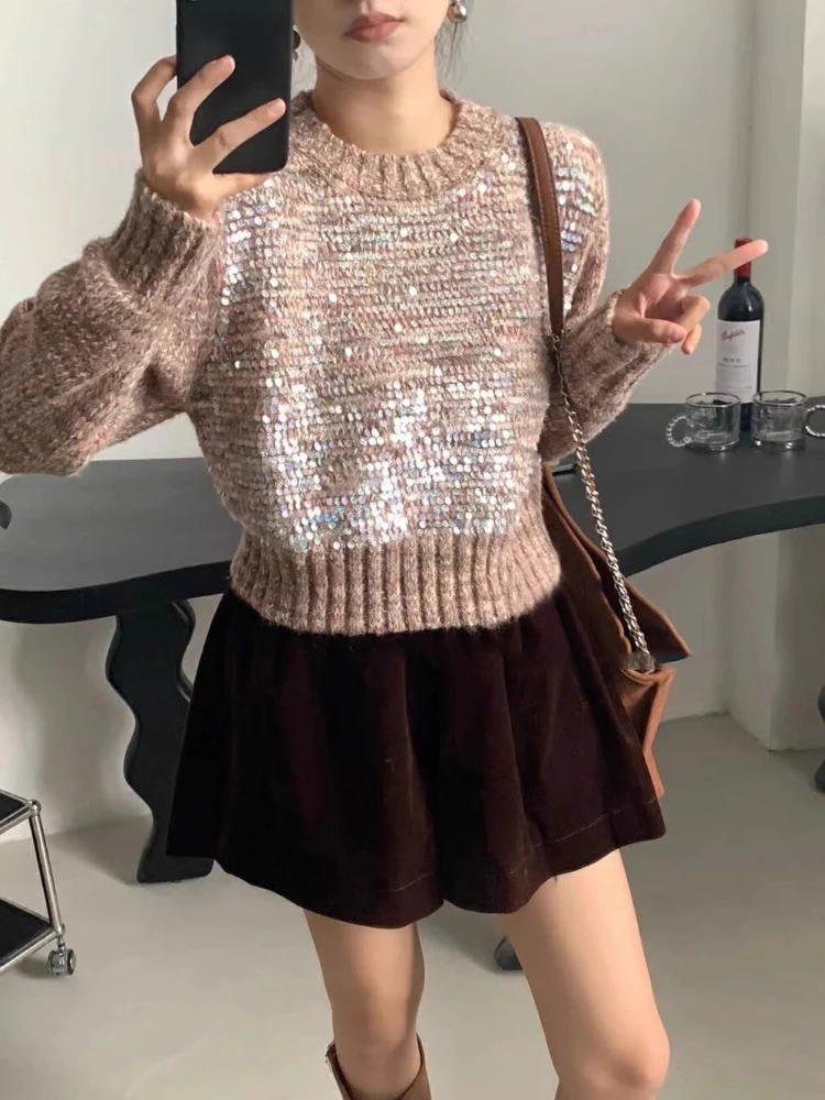 Crop Sequined Patch Sweater Women Clothes Jumper 2024 Ropa Mujer O-neck Long Sleeve Knitted Fashion Sweet Pullovers Pull Femme