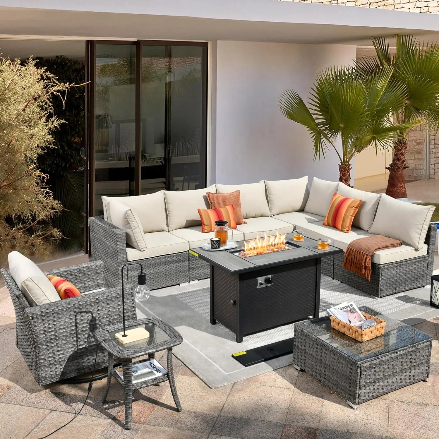 

10 Pieces Outdoor Patio Furniture Set, Rattan Wicker Chairs Sets with Fire Pit, Swivel Glider Chairs, and Coffee Table