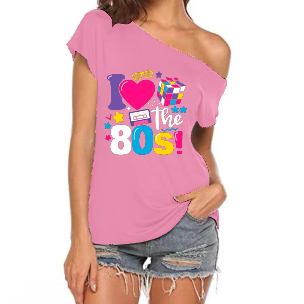 XUANSHOW 2024 Sommer I Love the 80s Emotional Element T-Shirt Sexy Off Shoulder Tops Kurzarm Buchstaben bedrucktes T-Shirt – Detail 14