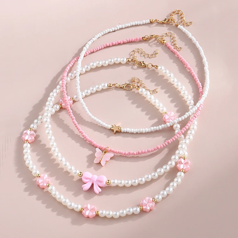 4pcs/Set Girls' Butterfly Heart Flower Pearl & Beaded Handmade Necklace Set Children Teen Friendship Best Gift For Friends