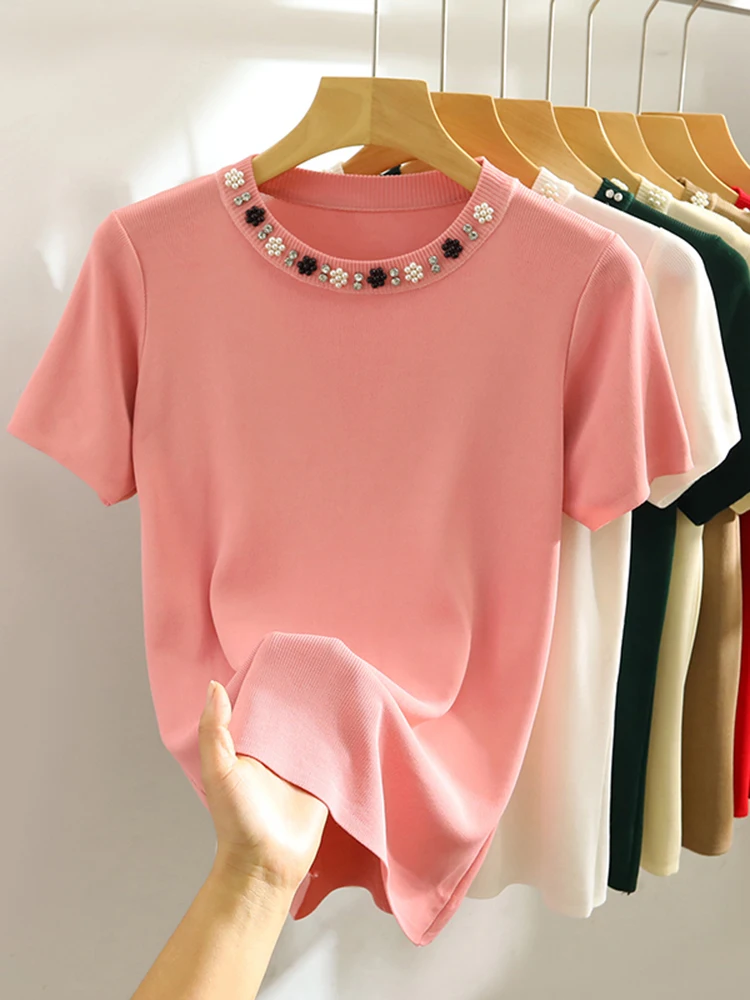 

Korea Knitted T-shirt Women Top Solid Y2K Summer New Fashion Female Sleeveless Beading Casual Thin Tops White Black