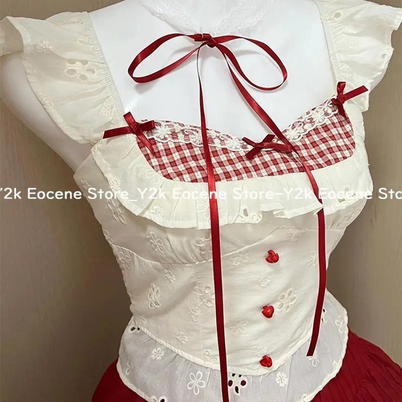 2025 Summer Sweet Two Piece Set Women Ruffle Lace Trim Top and Red Layered Pleated Mini Skirt Kawaii Bow Gothic Lolita Outfits