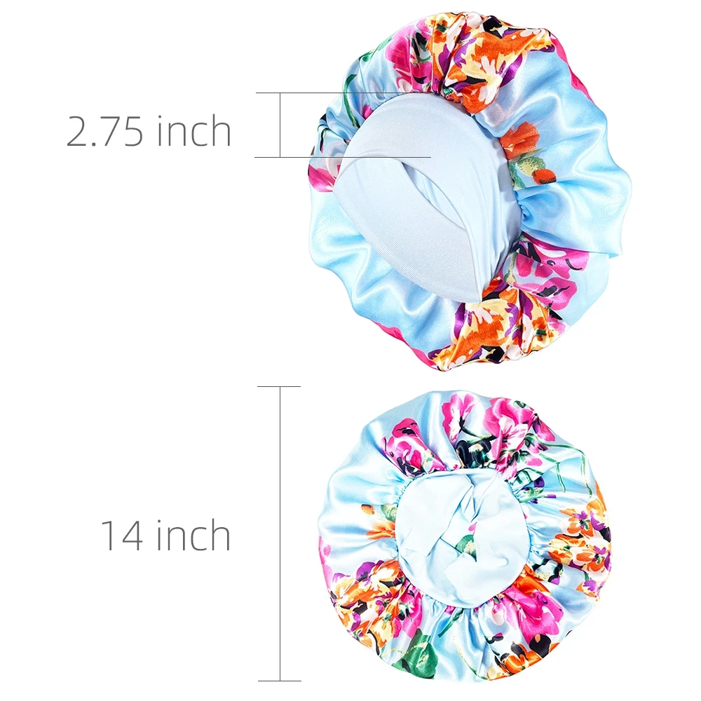 New Women Big Size Laser Satin Print Satin Silk Bonnet Sleep Night Cap Head Cover Bonnets Hat for For Curly Springy Hair Black