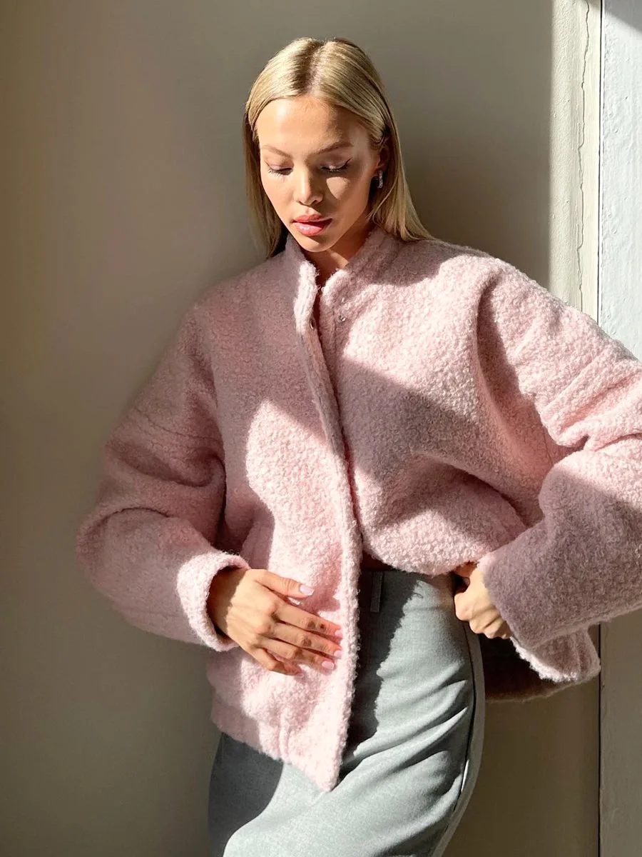 Bornladies Damen Kurze Pelzjacke Herbst Winter Dicke Lose Lässige Schicke Strickjacke Weiblich Warm Modisch Einfarbiger Kurzmantel – Detail 5