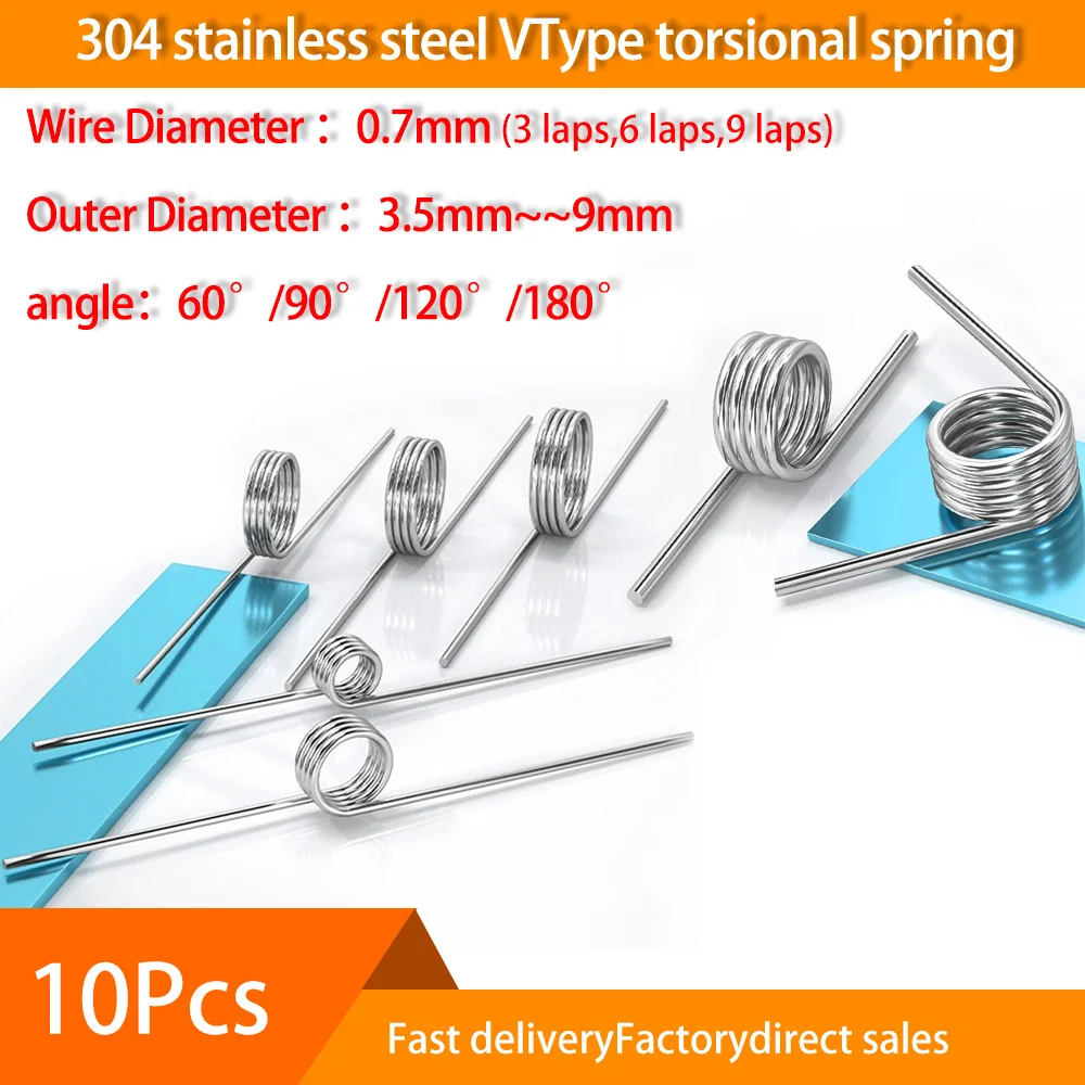 10Pcs 304 torsional spring 0.7mm Wire Diameter V Type Spring 3.5mm - 9mm Outside Diameter 60/90/120/180 Degree Reset Springs