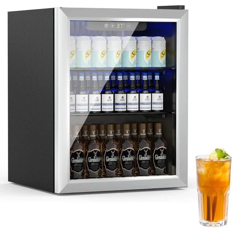 Beverage Refrigerator and Cooler 76 Can/1.7 Cu Ft Mini Fridge with Glass Door Adjustable Shelves for Soda Beer Wine Free Standi