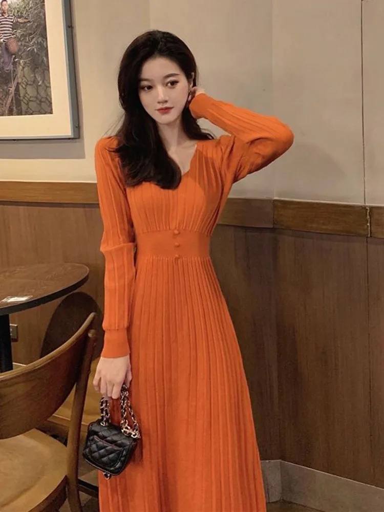 Jmprs Elegant Knitted Long Dress Women Fashion Slim Sweet Long Sleeve Dress Korean V Neck Simple Solid Casual Lady A Line Dress