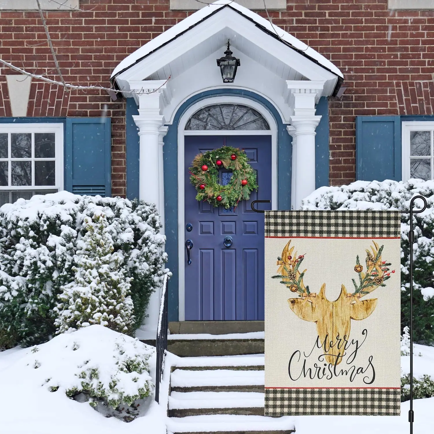 Merry Christmas Reindeer Garden Flag Double Sided 12×18 Inch, Deer Stag Buffalo Plaid Check Christmas Decorations Outdoor, W SSL