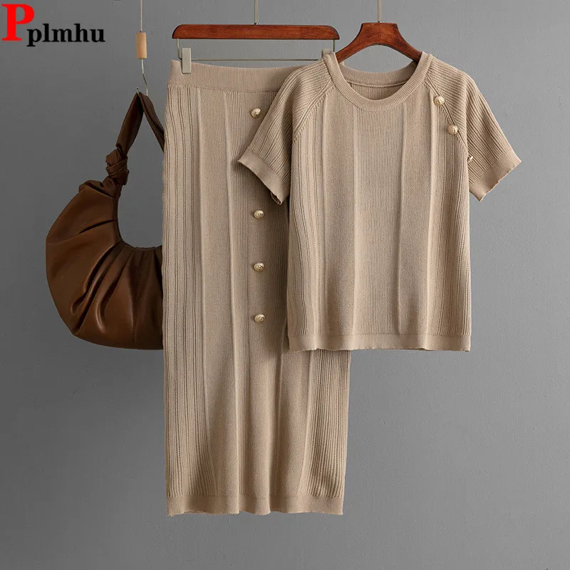 

Elegant Slim Knitted 2 Piece Sets Women O-neck Knitwears Sweater Pullover Tops Conjuntos Summer Thin High Waist Skirts Outfit