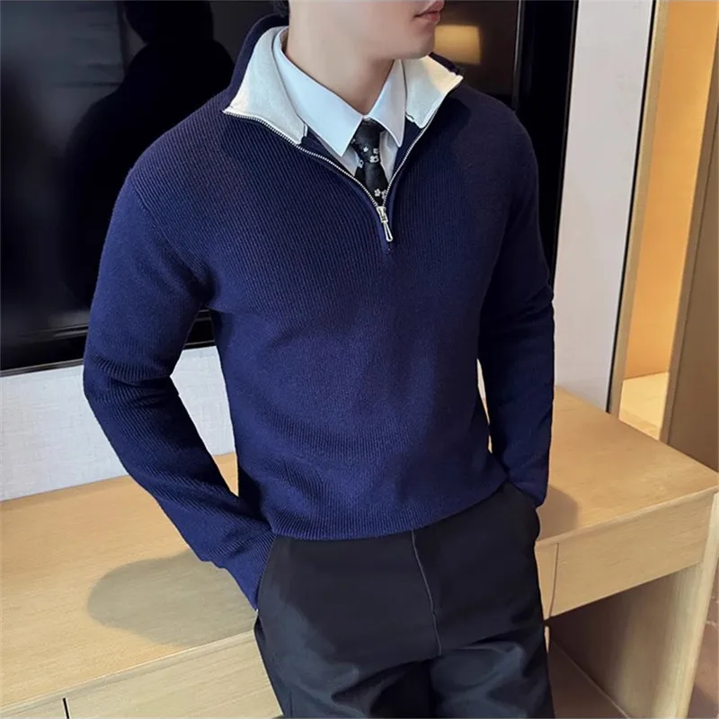 남성용 하프 지퍼 니트 풀오버, 하이 퀄리티 슬림핏 스웨터, 단색 패션, 니트 캐주얼 풀오버 스웨터, 가을 겨울