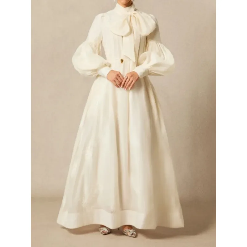 Tilaa المشمش حفل زفاف ماكس فساتين النساء 2026 ربيع الخريف القوس الرقبة نفخة الأكمام المطرزة فستان أنيق الإناث 196138 #1