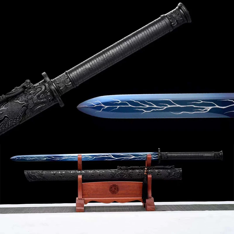 Lightning Sword with Real Steel Blade, Blue Plated Engraving, Wood Scabbard, Twin-Hand Swords, Sharp Ready,Dragon Sword