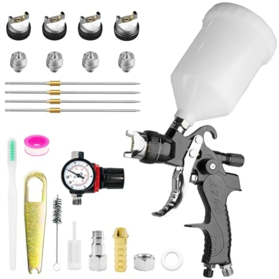 

HVLP Spray Gun Kit with 1.4/1.7/2.0/2.5mm Nozzles Air Pressure Automotive Paint Gun Gravity Feed Air Spray Paint Gun for Cars F