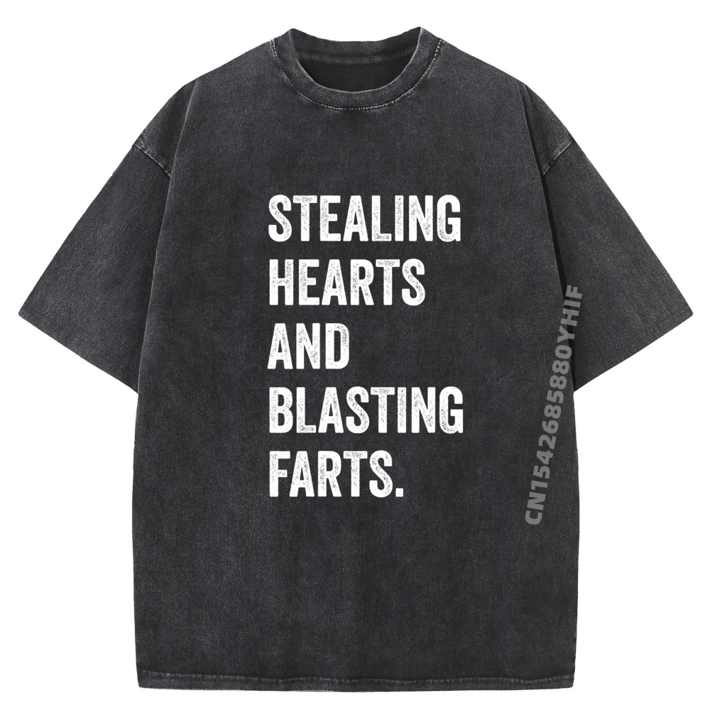 

Kids Stealing Hearts And Blasting Casual Soft Breathable Male Tees Fashion Washed Tee-Shirt Loose Printed T-Shirt