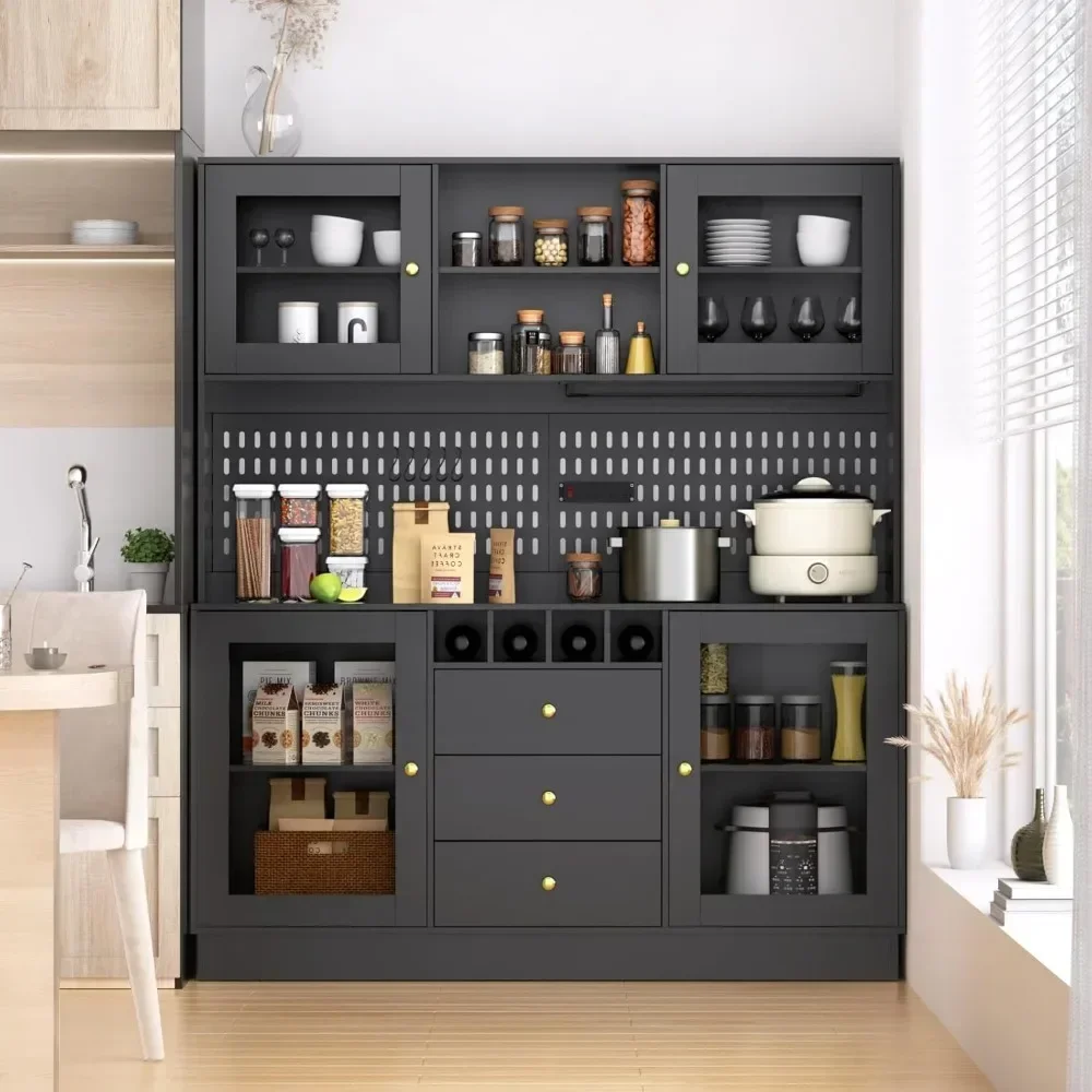 Kitchen Pantry Cabinet 4 Doors & 3 Drawers Kitchen Cabinet Freestanding Pantry Furniture  with Microwave Shelf & Wine Racks