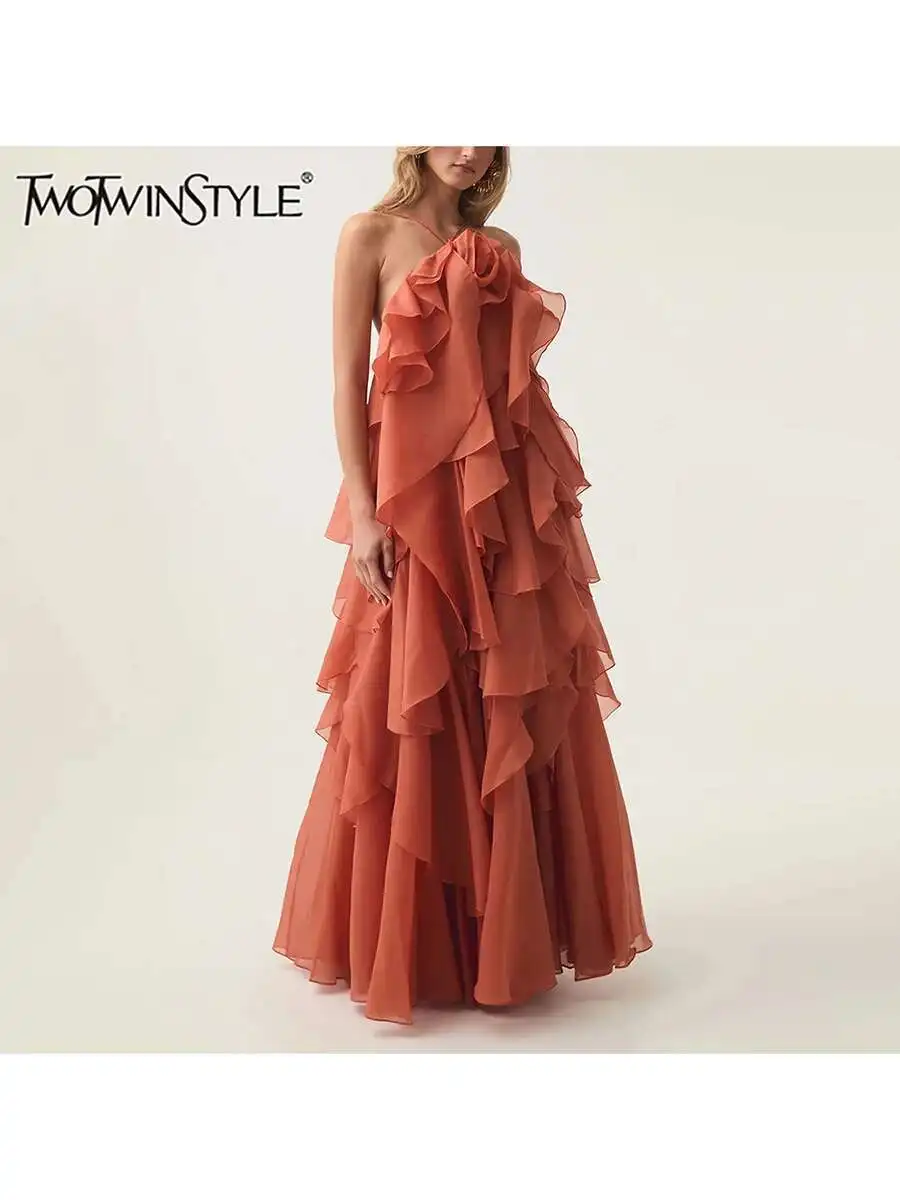 TWOTWINSTYLE Backless Slimming Patchwork Ruffles Dress For Women Camisole Sleeveless High Waist Elegant Dresses Female Fashion