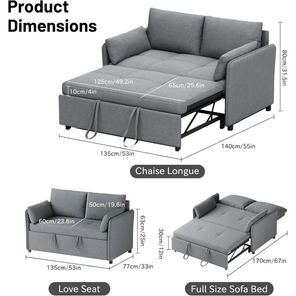 Pull Out Couch, Futon Couches for Living Room with Adjustable Backrest and Disassmble Pillo