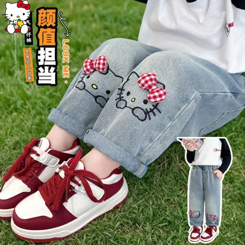 

Cartoon Kawaii Sanrio Girls Jeans Hello Kitty Anime Spring and Autumn New Denim Straight Pants Versatile Sweet Fashionable Soft