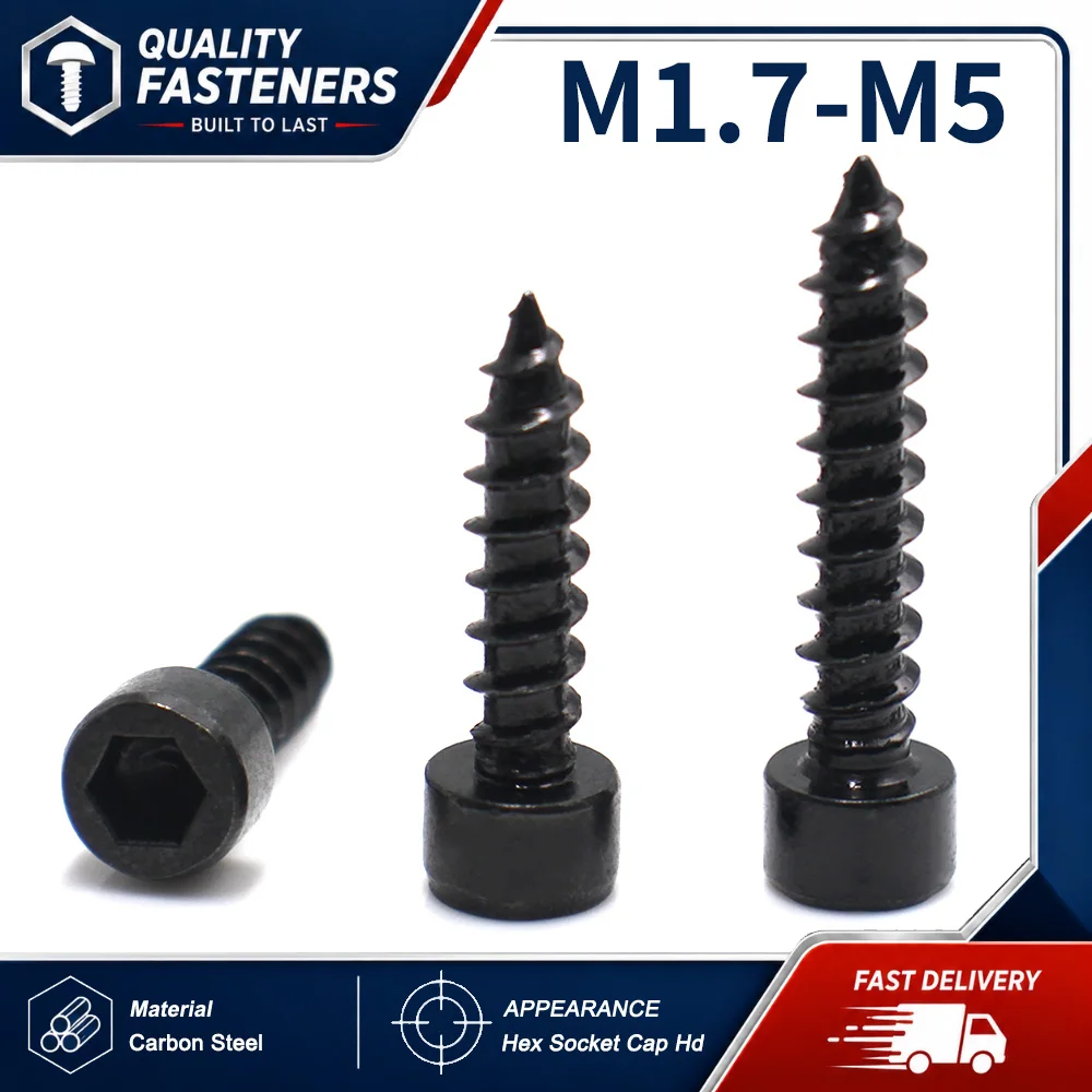 10-50pcs Grade8.8 Black Carbon Steel M1.7 M2 M2.2 M2.3 M2.5 M2.6 M3 M3.5 M4 M5 Hexagon Socket Cap Head Self Tapping Model Screws