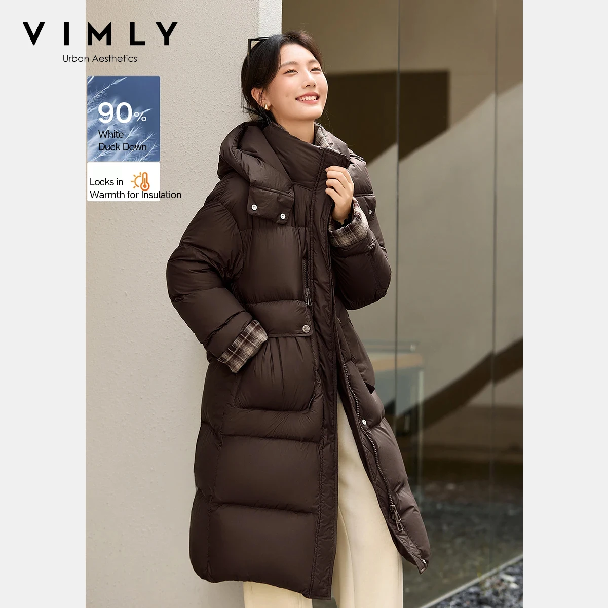 

VIMLY Paneled Plaid Hooded Down Coat Women Winter New Commute Warm Jackets Loose Fit Zipper Pocket Long Female Puffer Coat 50861
