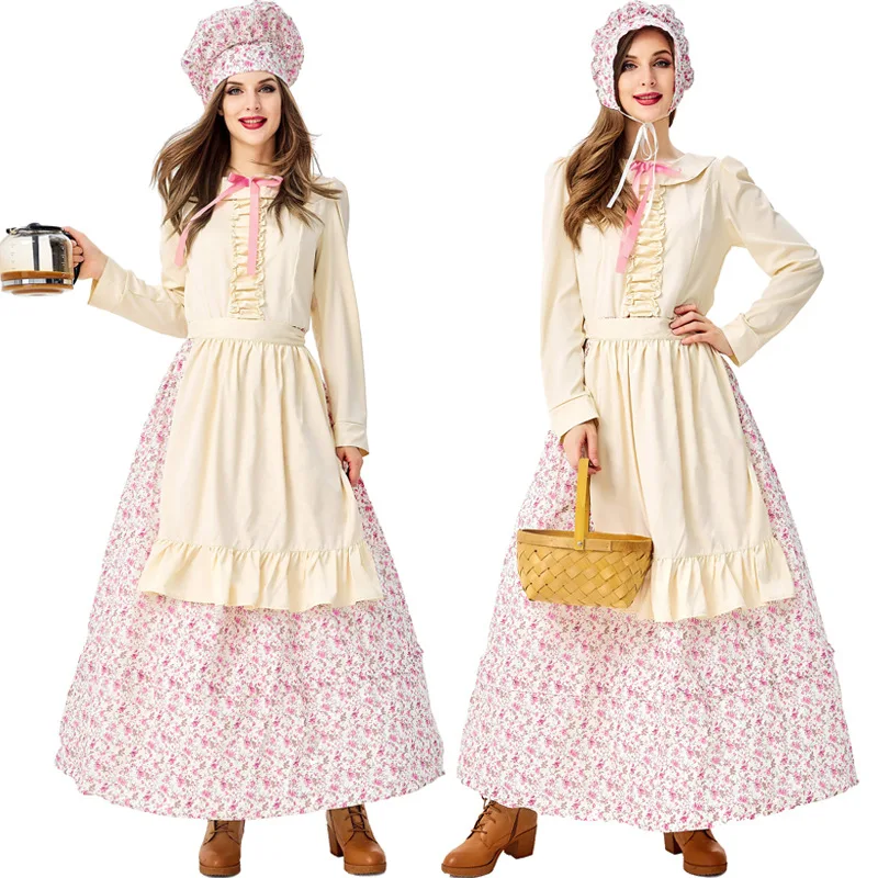 

Medevial Colonial Prairie Pioneer Apron Dress For Wolf Grandmother Cosplay Halloween Party Carnival Costumes