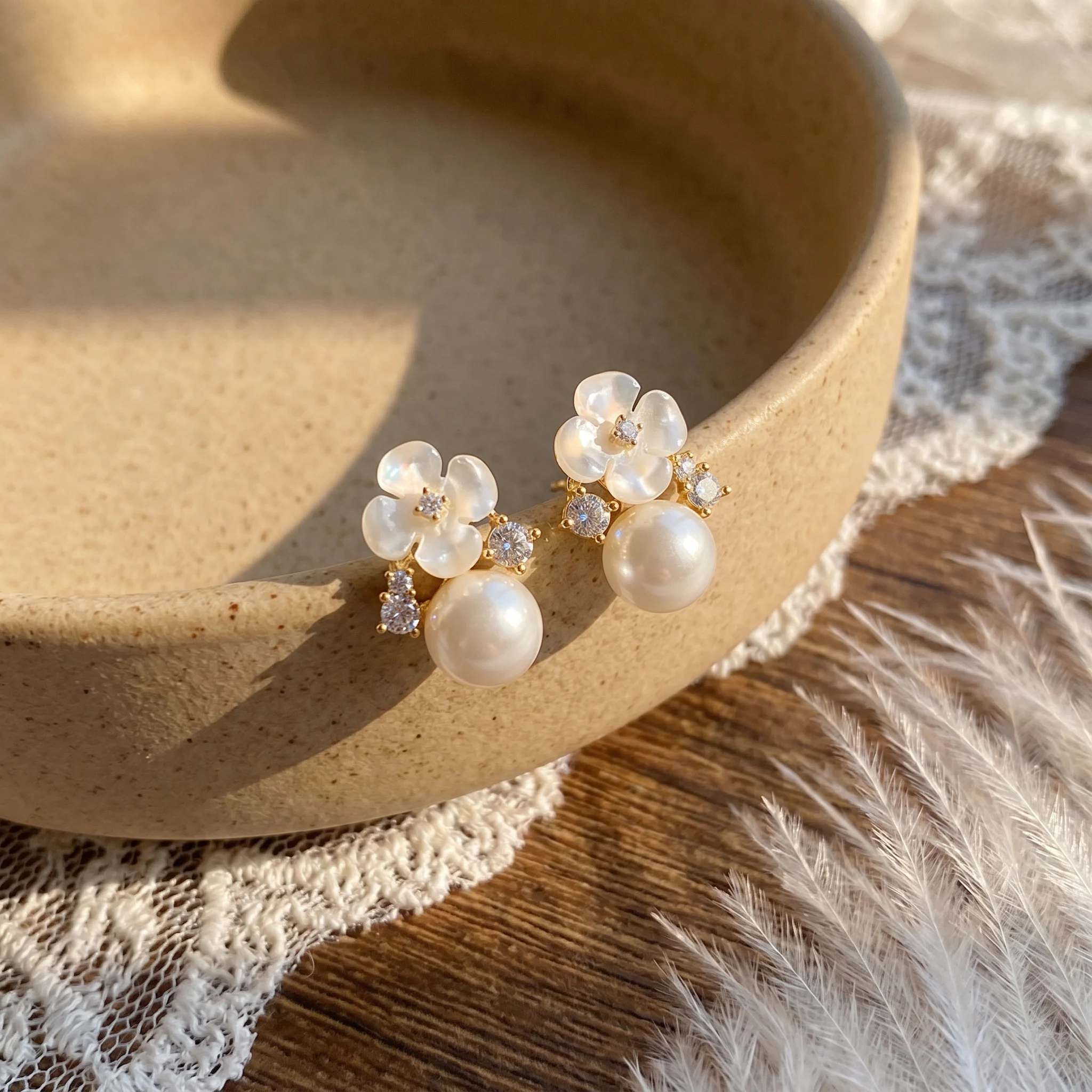 Pearl Cherry Blossom Flower Stud Earrings & Necklace Set for Women Minimalist Cute Fashion Zircon Jewelry Plant Accessories