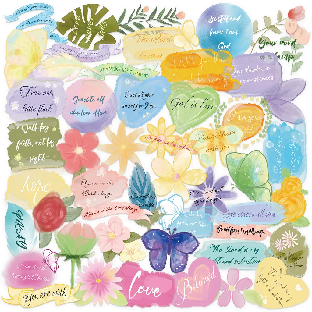 50 Pcs Transparent Watercolor Scripture Sticker Pack - Waterproof Clear PET Stickers for Decor on Journals DIY AnimeWorlds Store