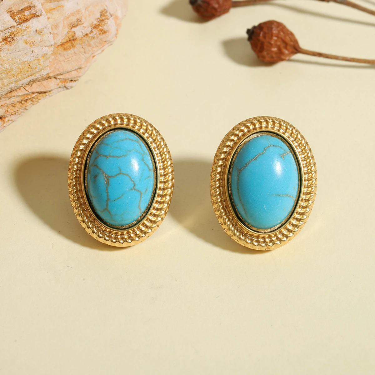 Vintage Bohemian Turquoise Stone Stud Earrings for Women French Oval Textured Gold Plated Western Minimalist Daily Jewelry Gift