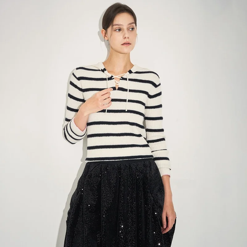 

Elastic Striped Woolen Knitwear Sweater with Hood Versatile Commute Sle Korean Faion Long Sve Winter 2024 QPP Brand