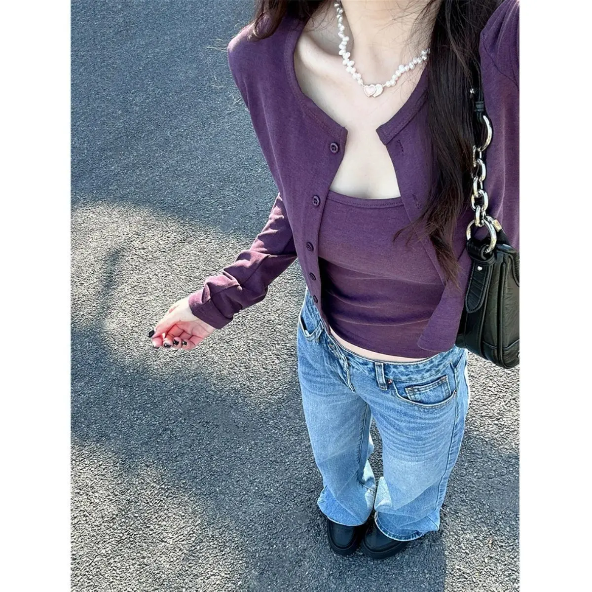 Purple Long Sleeve Modal Cotton Open Cardigan Short Women's Fashion Set Casual Style Breathable Spring Outerwear Two-Piece Suit