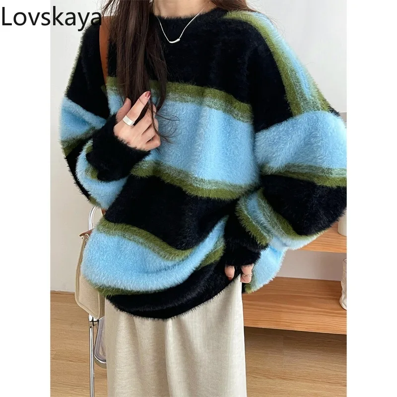 

Korean style round neck striped contrasting knitted top for women gentle and atmospheric top autumn and winter