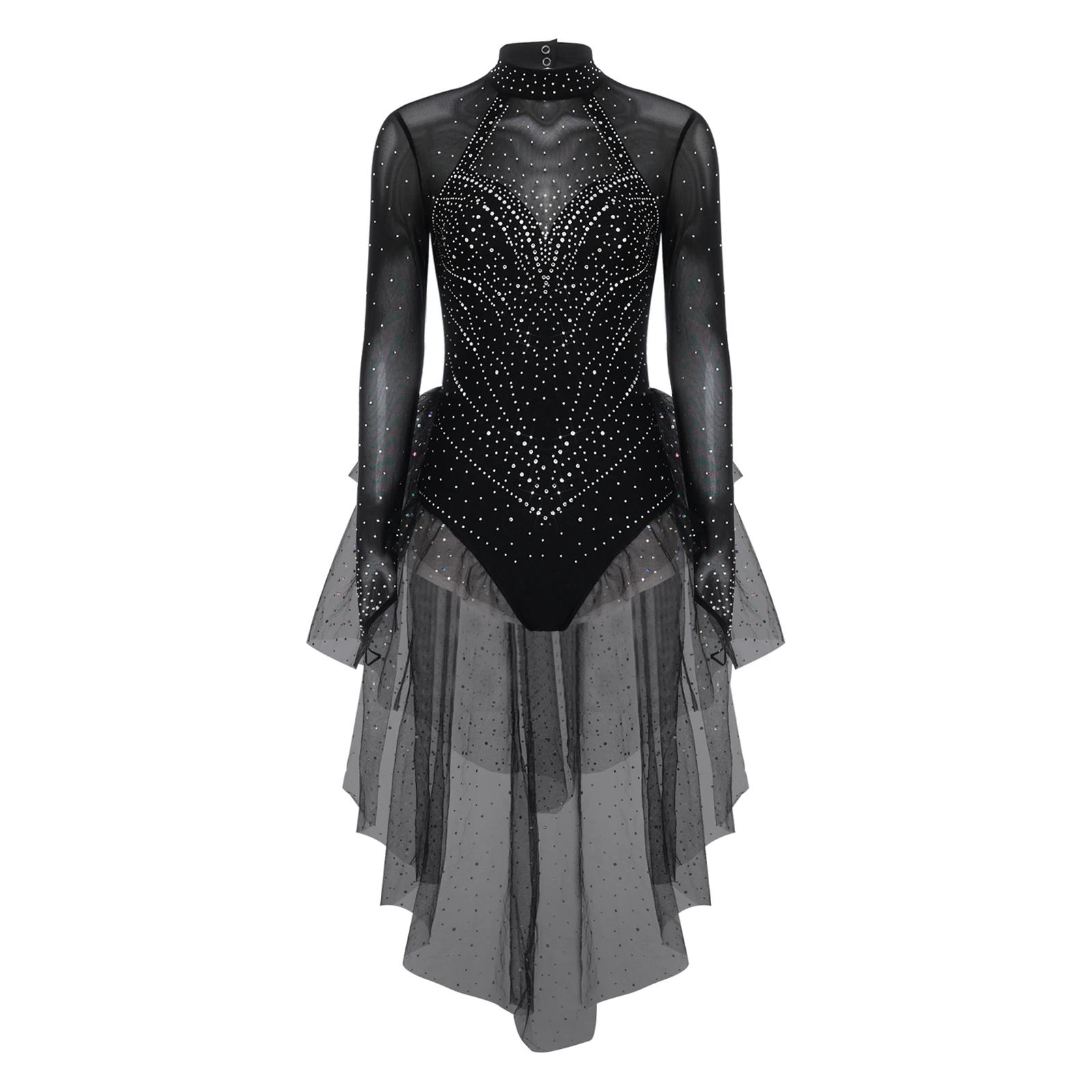 Damen Eiskunstlauf-Bodysuit mit Langen Ärmeln, Strass-Verzierung, Stufenförmigem Rüschen-Tüllrock, Leotard-Jumpsuit für Ballett-Wettbewerbe und Tanzbekleidung – Detail 10