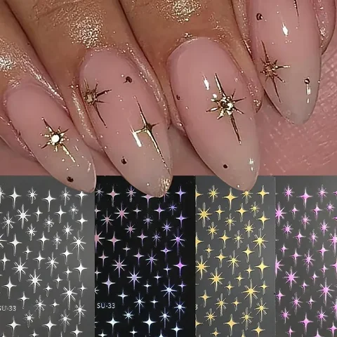 Autocollants pour Nail Art Y2K Starburst, 2 pièces, décorations de manucure française scintillantes dorées et argentées pour ongles à faire soi-même
