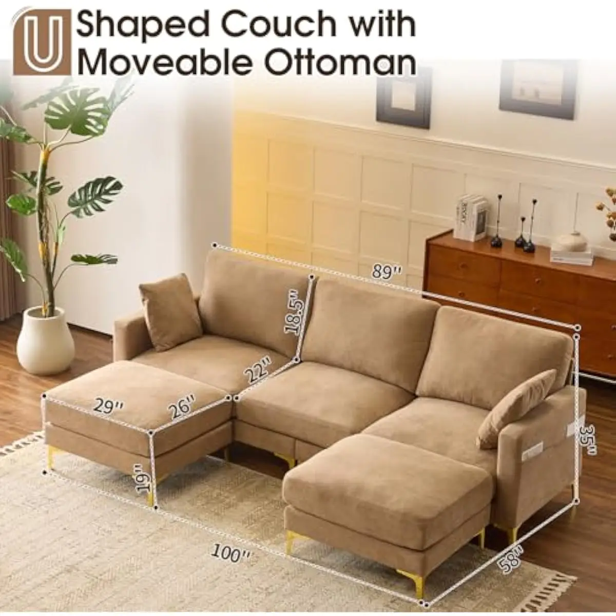 U Shaped Sectional Sofa with Dual Movable Ottomans, 22 Inch Deep Seat, 7.9 Inch Thick Cloud Foam Cushioning, 18.5 Inch High Back