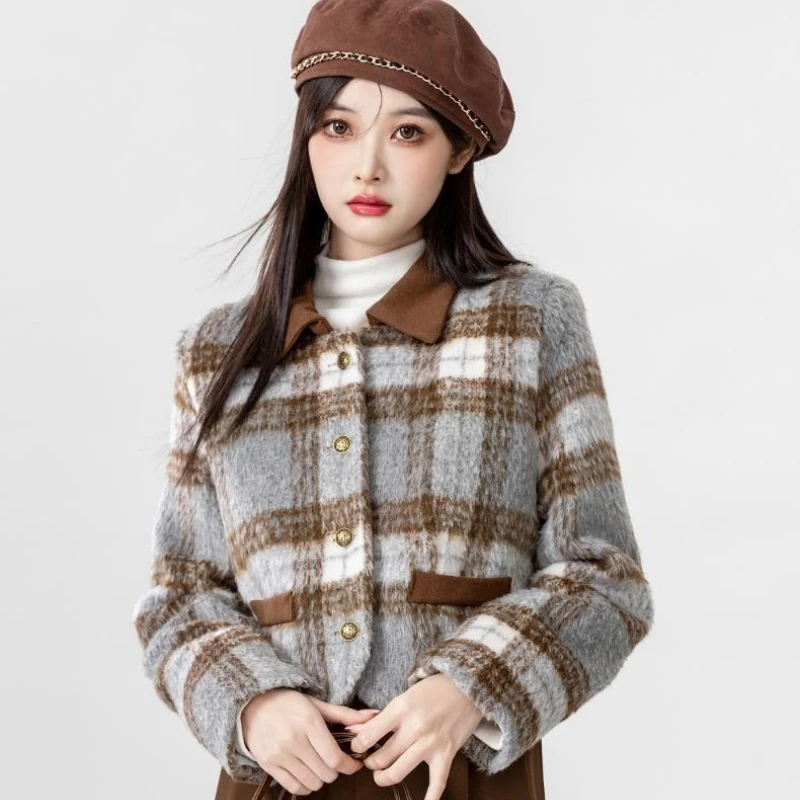 العصرية صغيرة المرأة الخريف الشتاء منقوشة معطف الصوف قصيرة المألوف الكورية نمط سترة صوفية ملابس خارجية الإناث #6