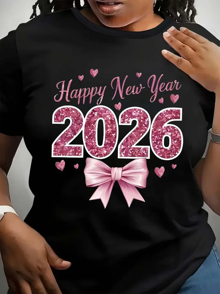 

2026 New Year T-Shirt Shimmering Pink Happy New Year 2026 Print Featuring Heart and Bow Design Casual Crew Neck Short Sleeve