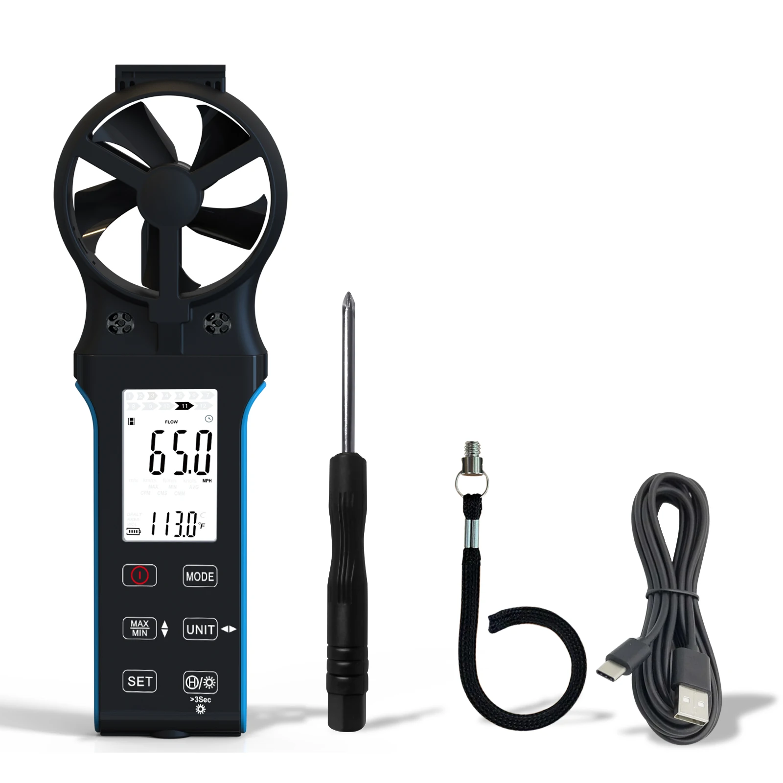 Holdpeak-cfm Wind Velocidade Meter Anemômetro Hvac Rotatable Sensor Medir o Fluxo de ar Velocidade Volume do Vento Hp5000d
