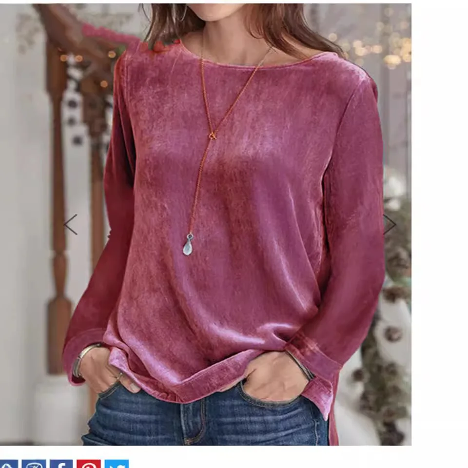 

Autumn Winter Fashionable Women's Solid Color Casual Round Neck Pullover Velvet T-shirt Ladies Long-Sleeved Pullover Tees Tops