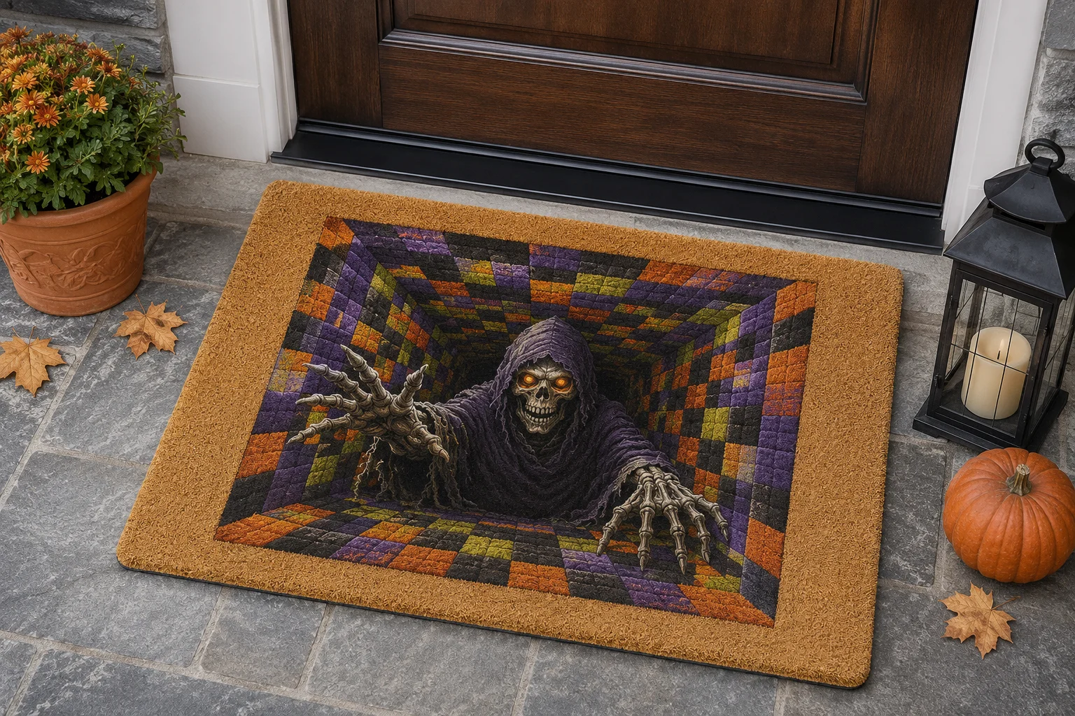 Personalized Family Name Coir Mat Halloween Horror Grim Reaper Skeleton Pit Design Doormat Non‑Slip Custom Outdoor Decor Rug
