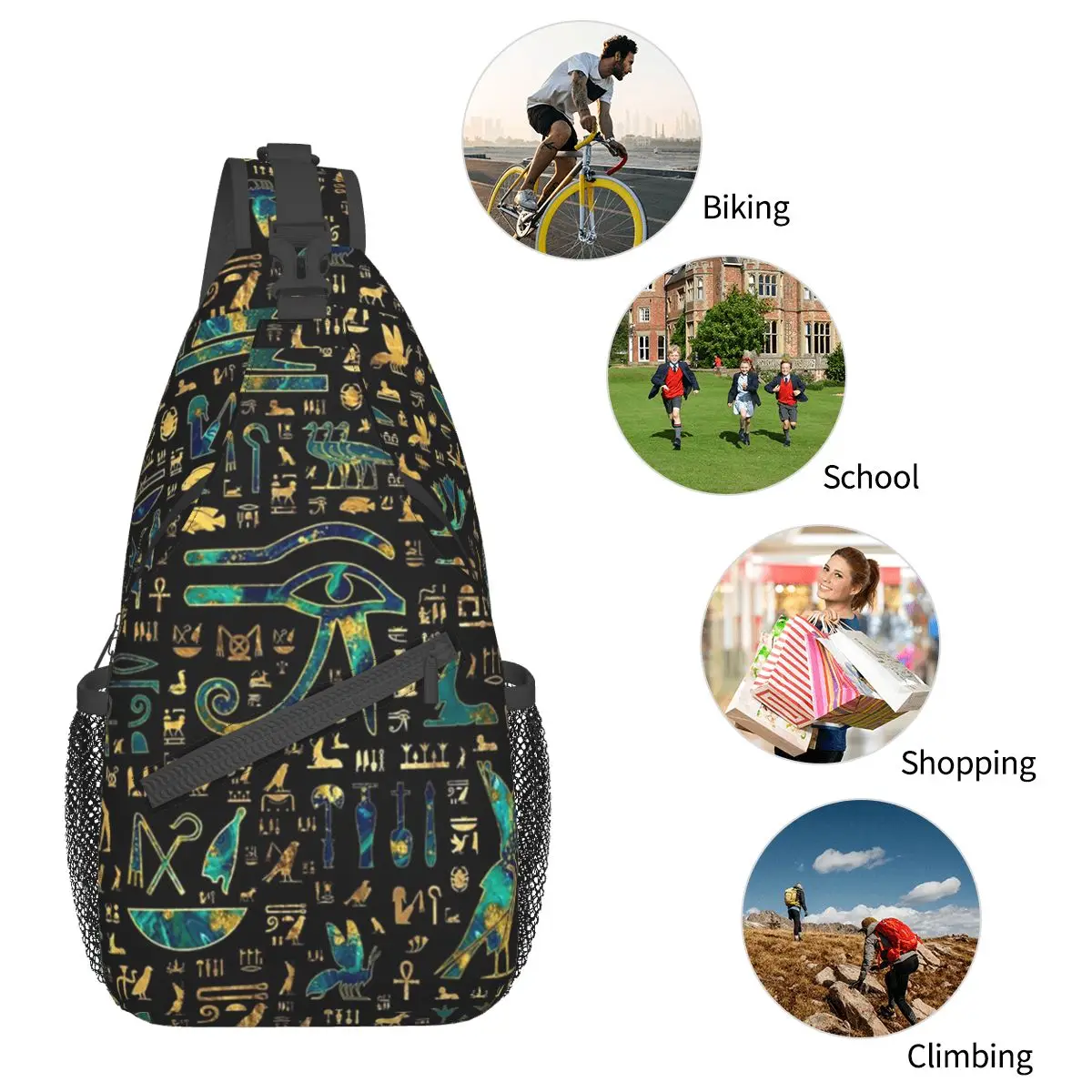 Egyptian Hieroglyphs Crossbody Sling Bag Chest Bag Egypt Eye of Horus Shoulder Backpack Daypack for Hiking Travel Sports Bag