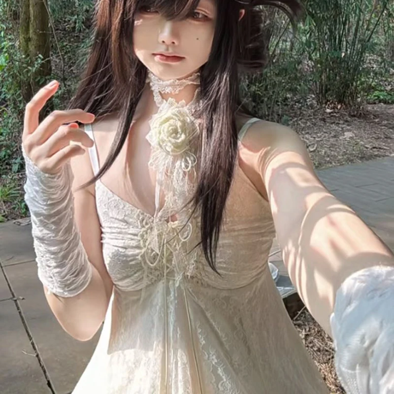 ลูกไม้ Sweetheart สีขาว Camis ฤดูร้อนญี่ปุ่นชุดมินิแขนกุด Ruffled Pod Drawstring ชุดราตรี Vestidos