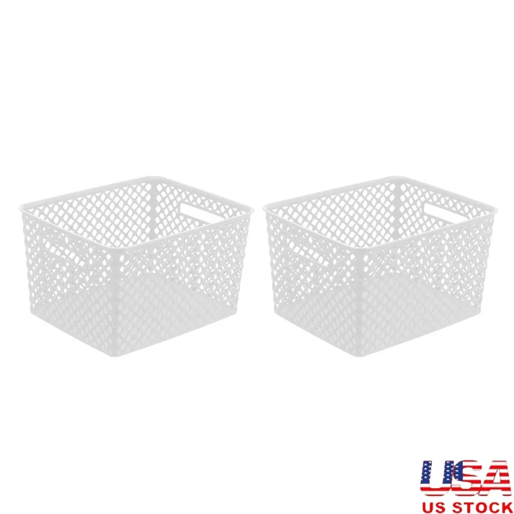 Rectangular Decorative Storage Baskets 2 Pack with Cut-Out Handles Ideal Organizing Household Items Toys Garage Supplies view 2
