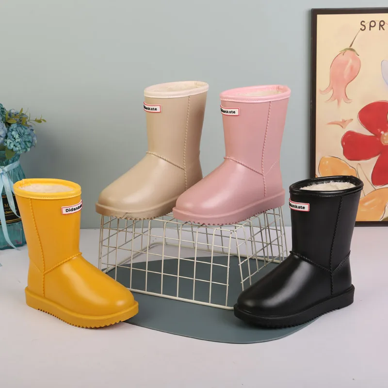 Winter Solid PVC Children Rain Boots New Waterproof Warm Plush Slip On Boys Girls Water Shoes Snow Non Slip Kids Rainboots