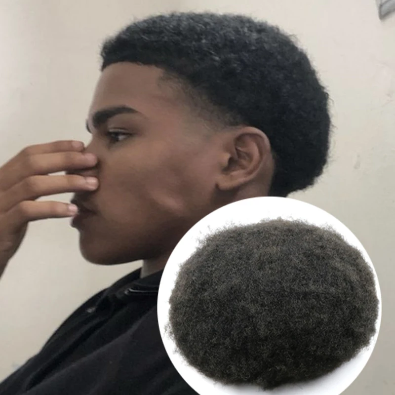 4mm 6mm Afro Curly Jet Black Toupee for Men Human Hair Durable Full Skin Base African American Wigs Male Prosthesis with Knots