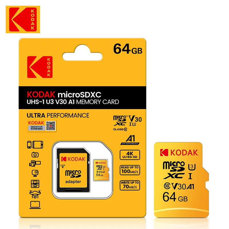 KoDak-tarjeta Micro SD de 64GB para teléfono, memoria Flash de alta velocidad, 64gb, U3, V30, UHS-I, Clase 10