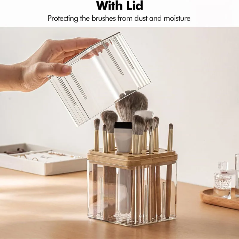Organizador de cosméticos acrílico de madera a prueba de polvo para brochas de maquillaje y lápiz labial, caja de almacenamiento de brochas de maquillaje de varios niveles con soporte para teléfono
