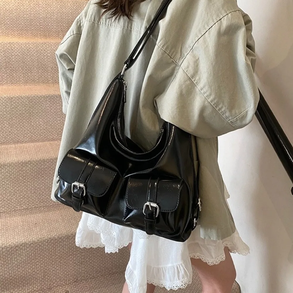 الصلبة اللون جيوب متعددة حقائب الظهر سعة كبيرة حقيبة كتف بولي Leather الجلود حقيبة كروسبودي حمل حقيبة Y2K نمط المرأة على ظهره #2