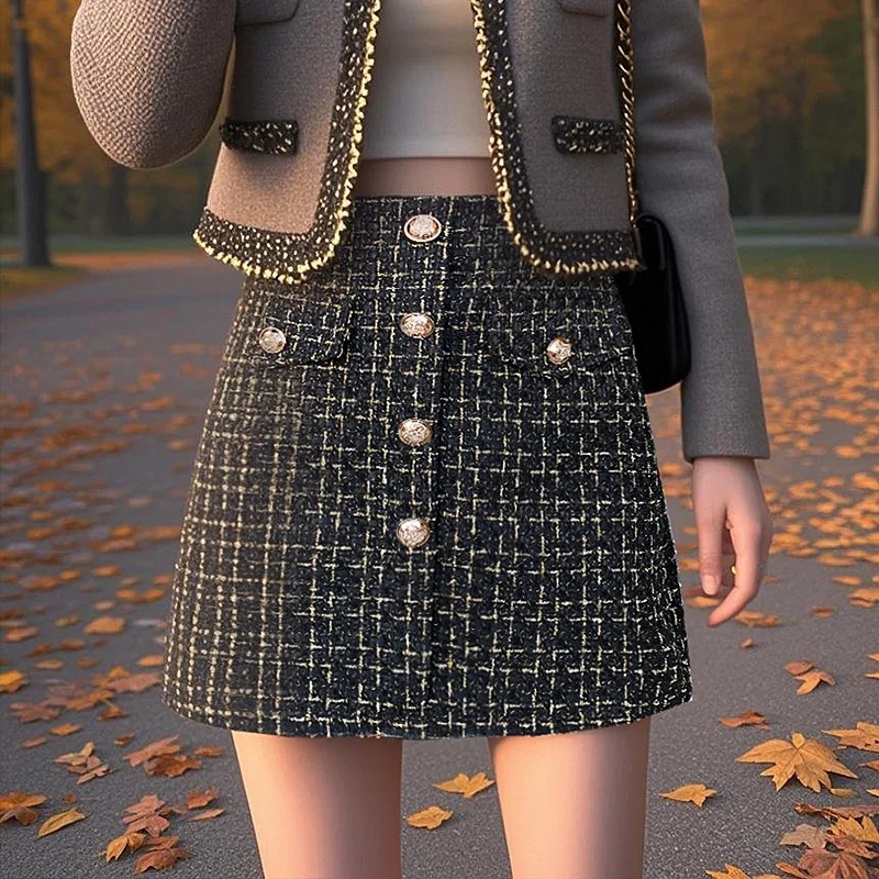 秋冬チェック柄ウールスカート レディースファッション ハイウエストポケット シングルブレスト Aライン 仕事 パーティー ショートミニスカート